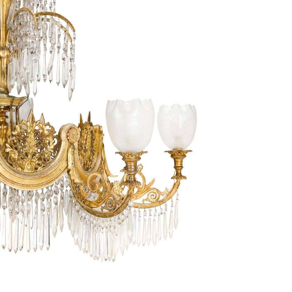 An impressive Continental gilt wood metal eight-light palm frond waterfall electrolier Probably ... - 2