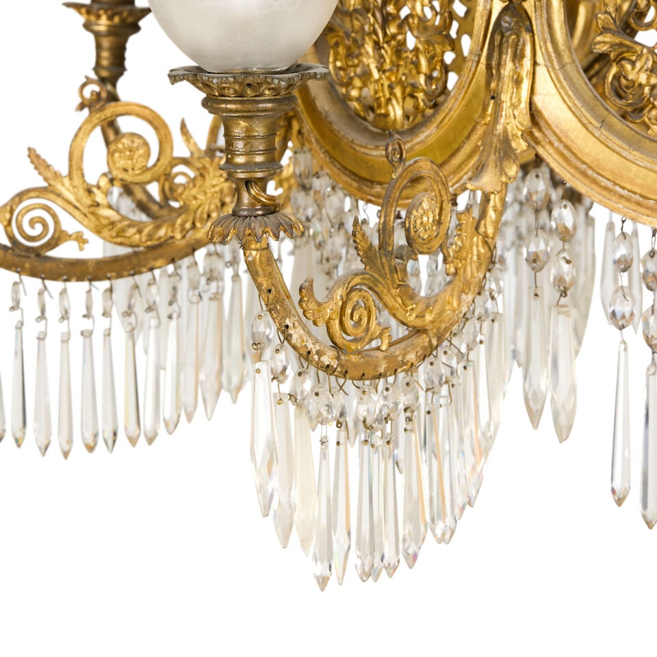 An impressive Continental gilt wood metal eight-light palm frond waterfall electrolier Probably ... - 3