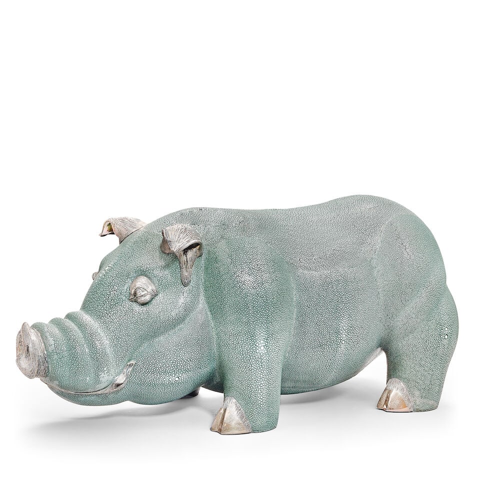 A very impressive white metal mounted shagreen covered model of a boar Late 20th century, marked... (1 of 3)