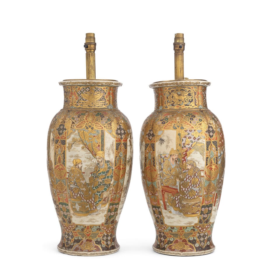 A pair of 19th century Japanese earthenware Satsuma vases adapted as lamp bases Late Meiji perio... (1 of 2)