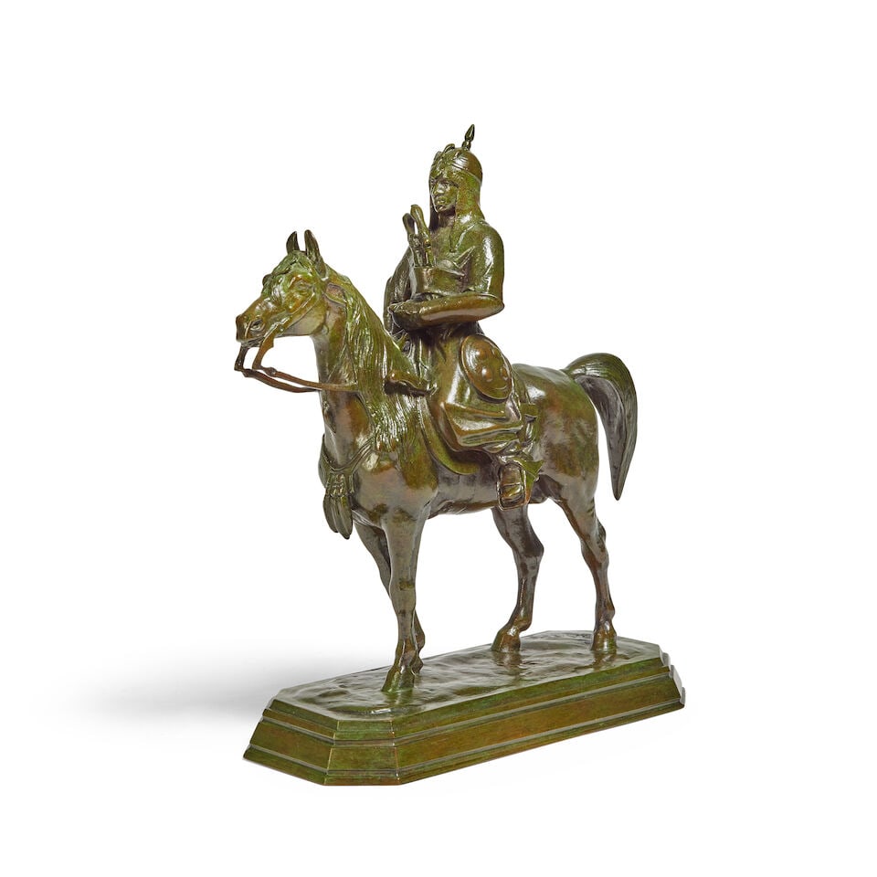After Antoine Louis Barye (French, 1795-1875): A green- brown patinated bronze model of 'Guerrie... - 2