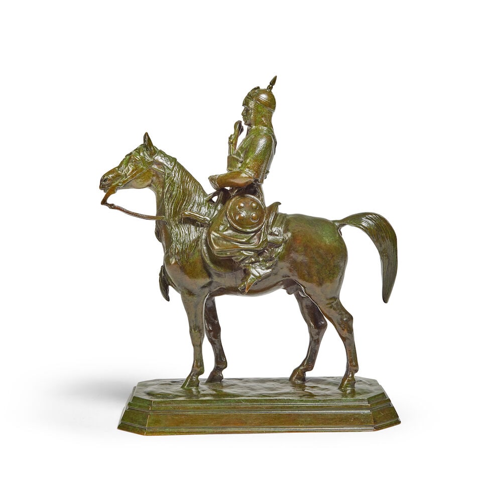 After Antoine Louis Barye (French, 1795-1875): A green- brown patinated bronze model of 'Guerrie... - 3