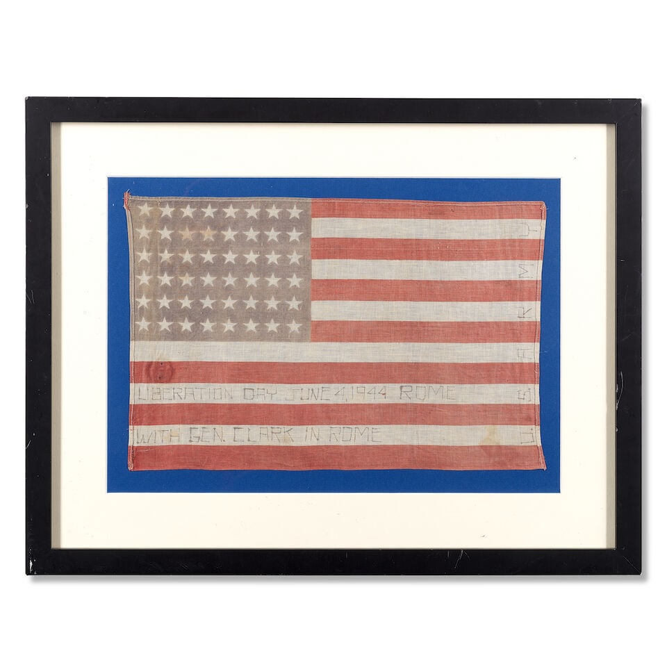 OF WORLD WAR II AMERICAN ARMY INTEREST: A rare, inscribed Liberation of Rome flag: OF WORLD WAR II AMERICAN ARMY INTEREST: A rare, inscribed Liberation of Rome flag The printed linen forty eight star flag with machine stitching to the upper and side edges the front inscribed in ink
