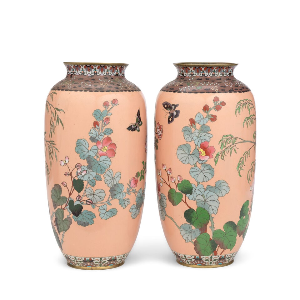 A pair of Japanese pink ground cloisonné vases Probably late Meiji (1680-1912) or Taish!... - 2