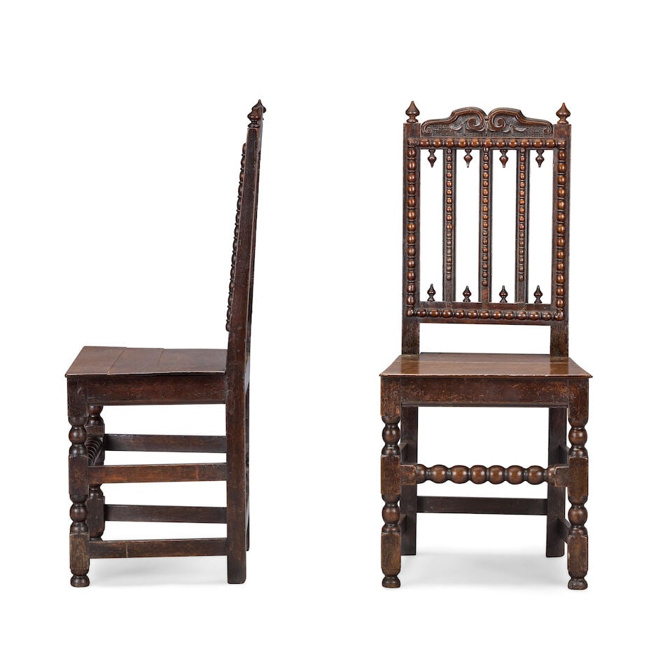 A pair of unusual late 17th/early 18th century oak high back side chairs (2) - 2