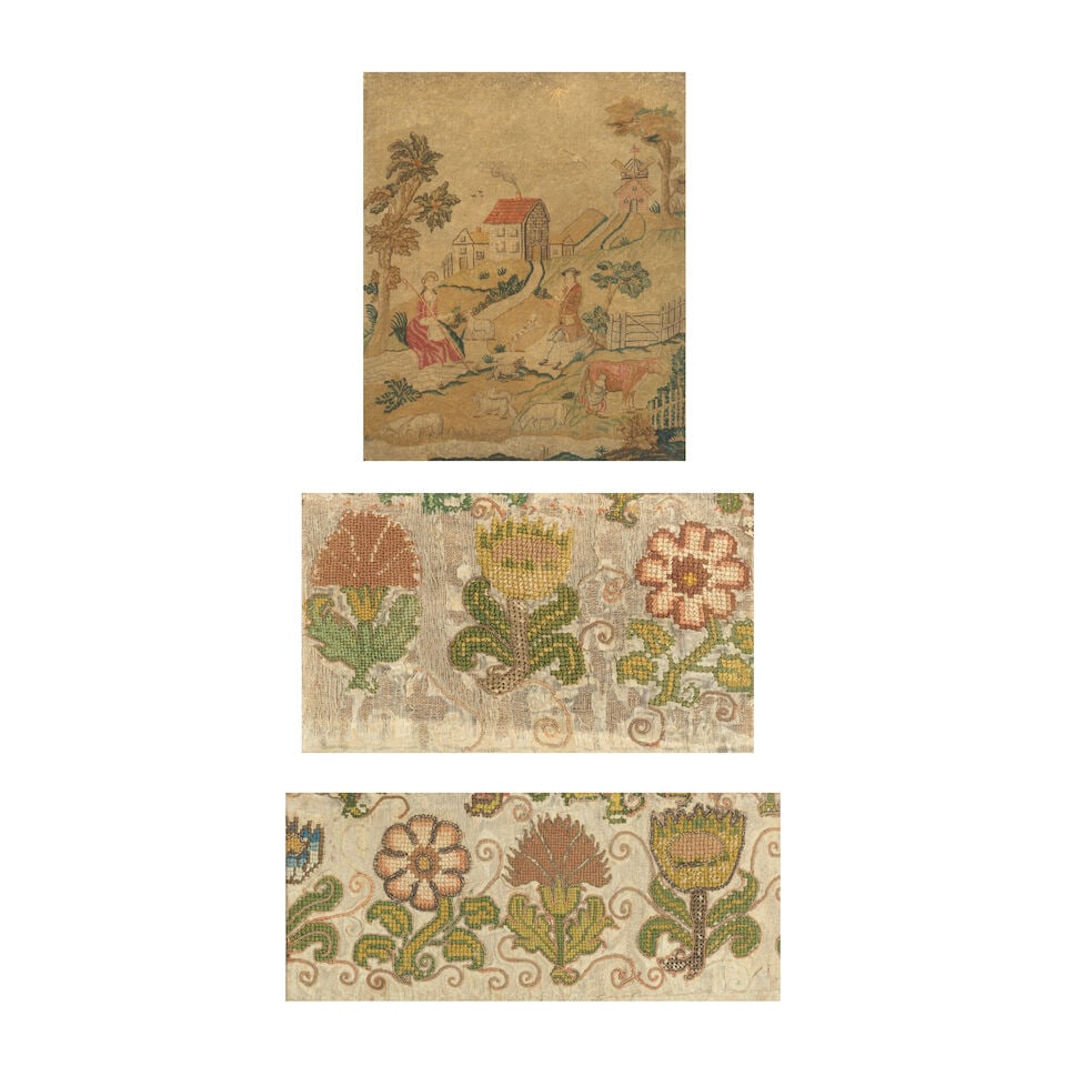 Two needlework panels Probably late 16th/early 17th century (3): Two needlework panels Probably late 16th/early 17th century Depicting various flowers and spiralling tendrils, worked on silk ground, one appearing un-finished in moulded frames, together with a Berli
