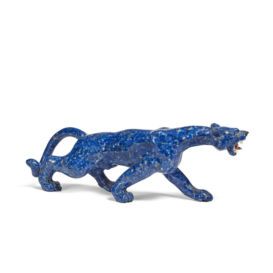 A carved lapis lazuli model of a panther probably Idar-Oberstein, Germany, in the manner of mod... - 2