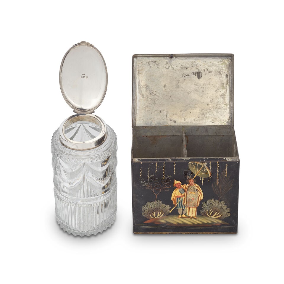 An early 19th century japanned tin tea caddy together with a similar period silver mounted cut g... - 2
