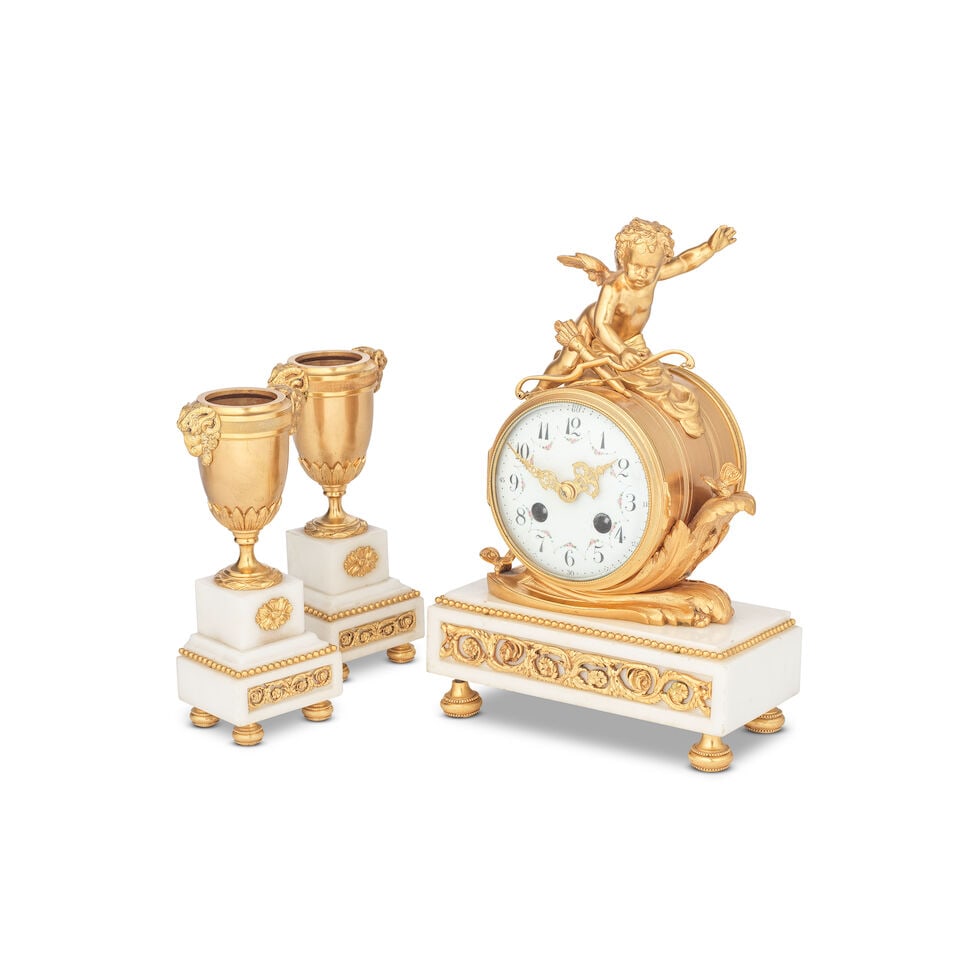 A late 19th Century gilt bronnze mounted white marble clock garniture In the Louis XVI style 3 - 2