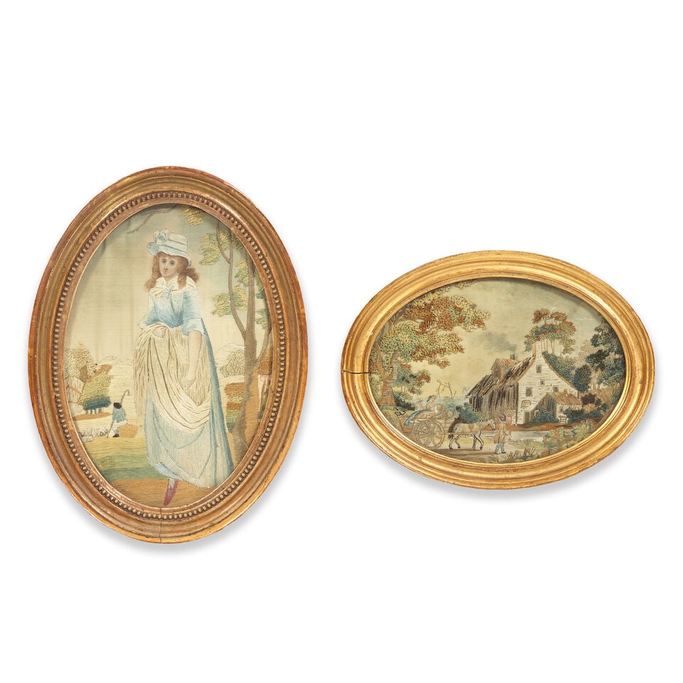 Two George III framed oval silk embroidered pictures The lady 19.5cm wide 26.5cm high; the count... (1 of 1)