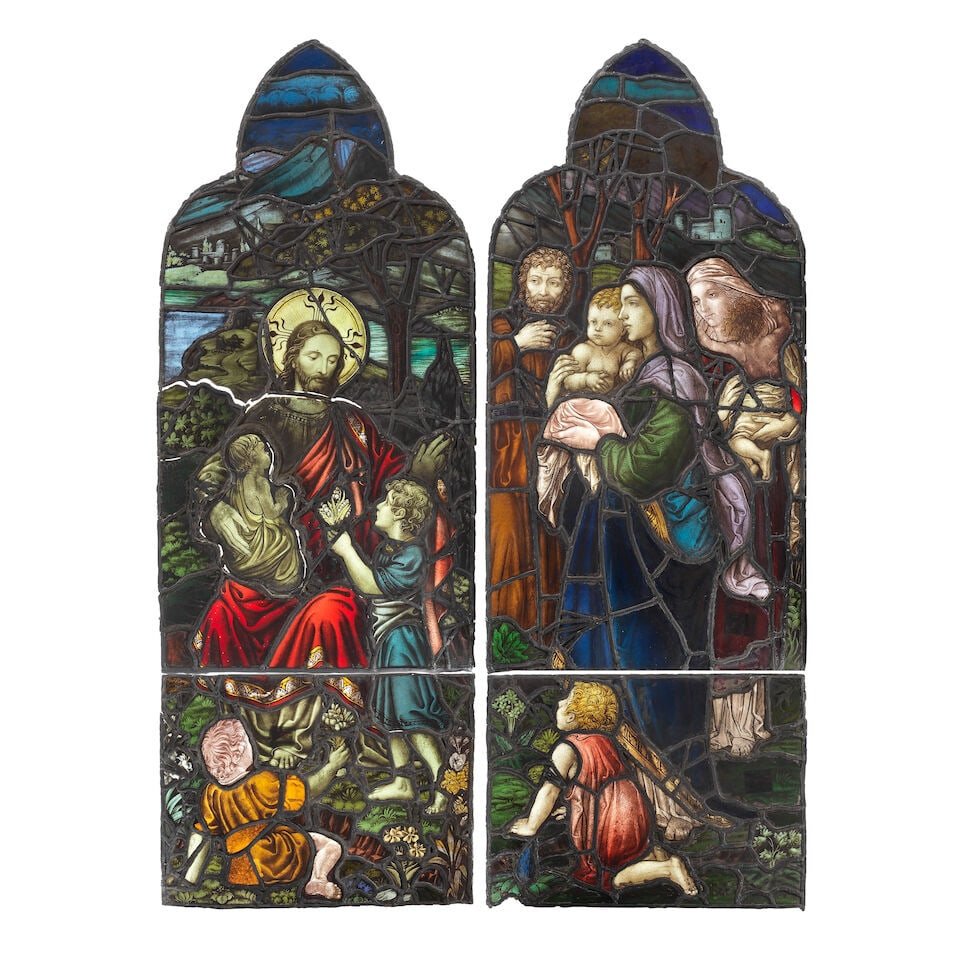 A set of three late 19th century leaded and painted stained glass window panels depicting depict... - 2