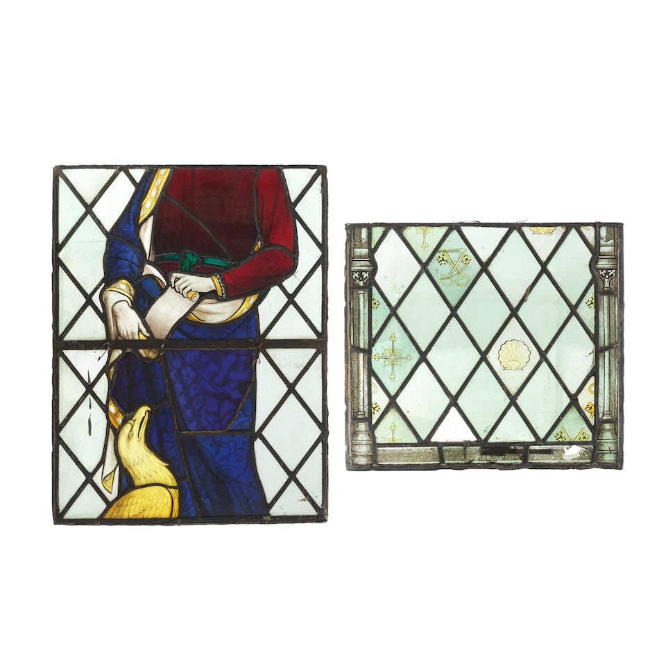 A set of three late 19th century leaded and painted stained glass window panels depicting depict... - 3