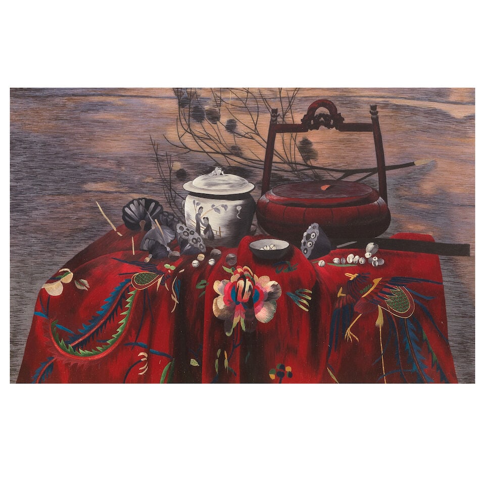 A Chinese silk work panel depicting a still life in the Suzhou style 20th century: A Chinese silk work panel depicting a still life in the Suzhou style 20th century Worked in bright colours depicting a lacquered handled food container, a pot and cover and poppy seed heads arranged o