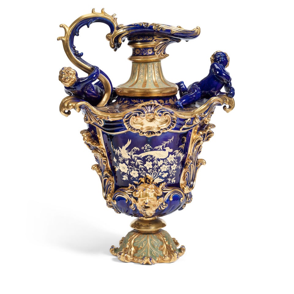 A late 19th century blue glazed and green enamelled decorative ironstone ewer Probably English - 2