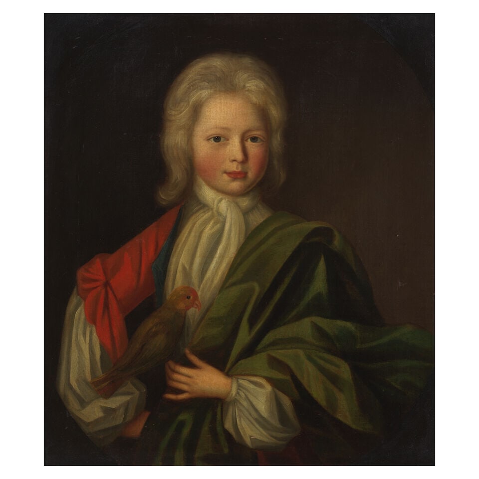 Attributed to John Verelst (active 1698-1734 London) Portrait of a boy, half-length, holding a p...: Attributed to John Verelst (active 1698-1734 London) Portrait of a boy, half-length, holding a parrot, within a painted oval oil on canvas 71.6 x 60.6cm (28 3/16 x 23 7/8in). For further information o