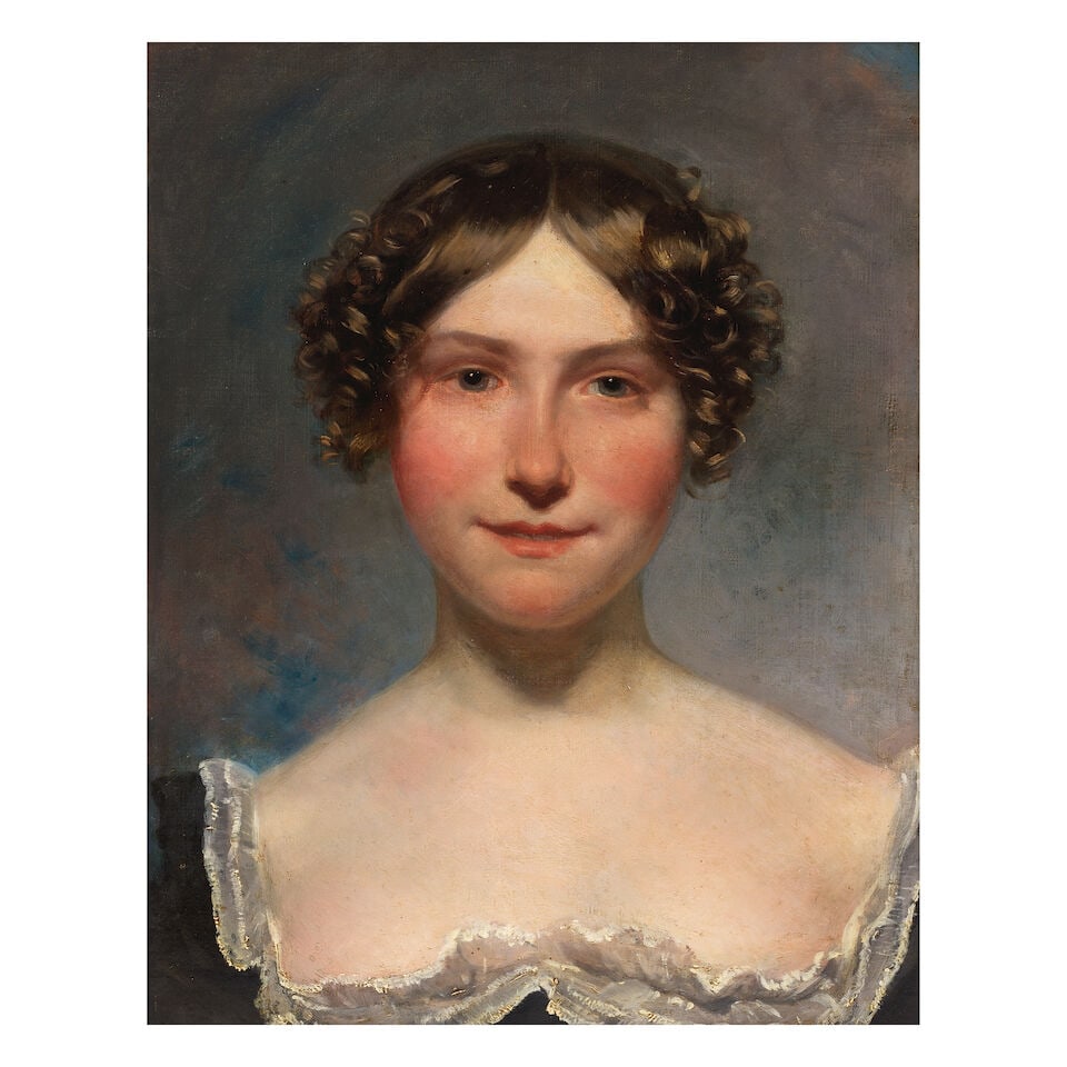 Circle of Margaret Sarah Carpenter (Salisbury 1793-1872 London) Portrait of a young woman, bust-...: Circle of Margaret Sarah Carpenter (Salisbury 1793-1872 London) Portrait of a young woman, bust-length in a lace-trimmed black dress oil on canvas 44.7 x 36cm (17 5/8 x 14 3/16in). framed: 61 x 52cm F