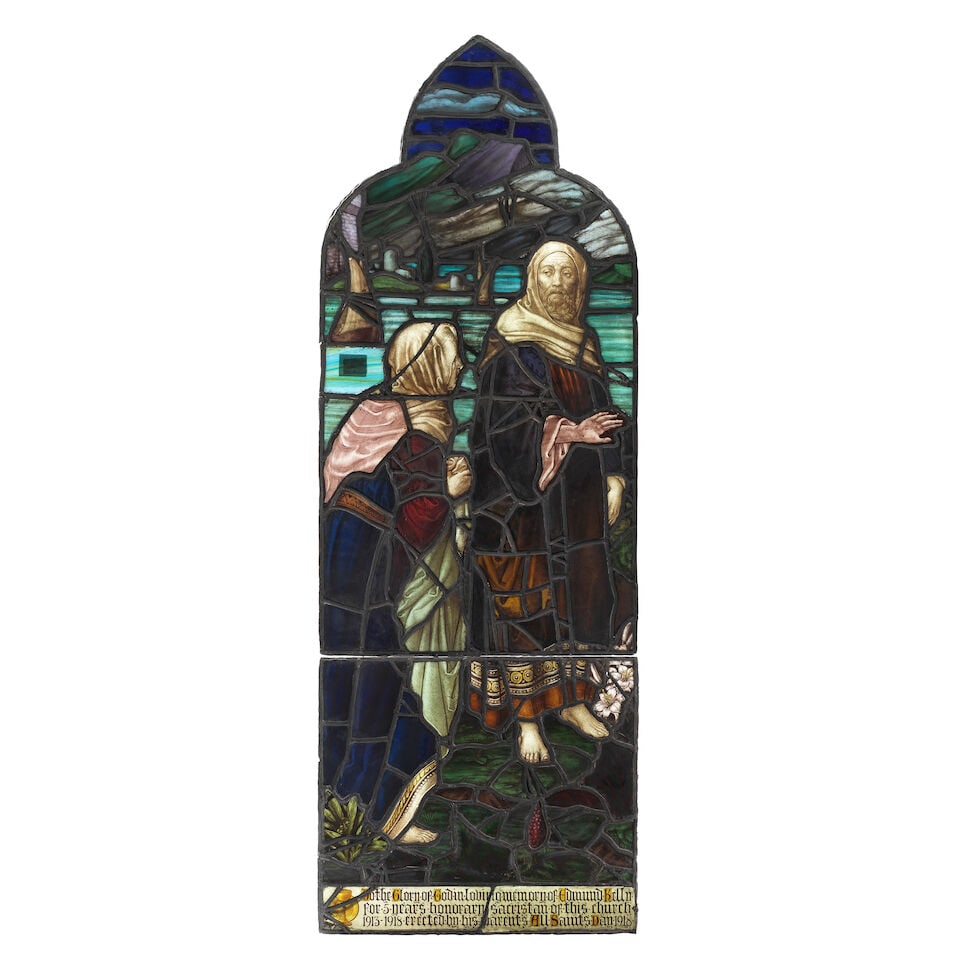 A set of three early 20th century leaded and painted stained glass window panels depicting St Mi... - 2