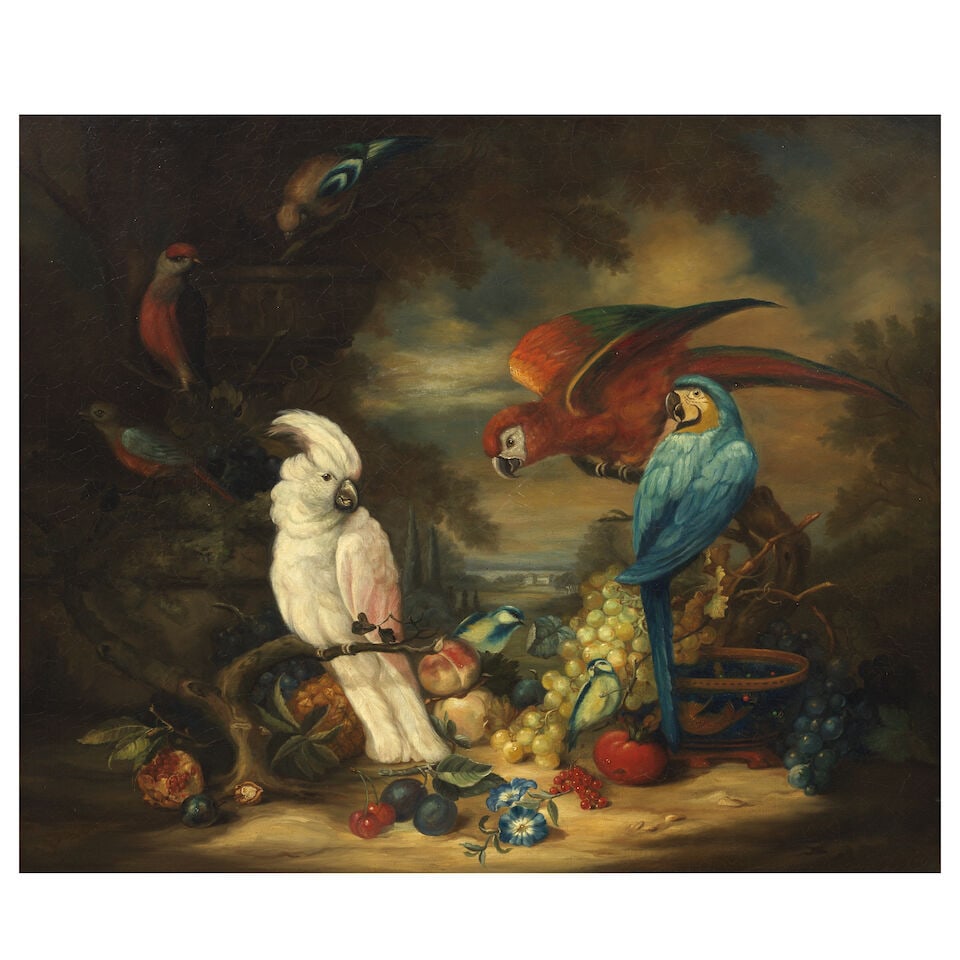 Manner of Tobias Stranover, 20th Century A cockatoo, parrots and other birds with a still life ...: Manner of Tobias Stranover, 20th Century A cockatoo, parrots and other birds with a still life of fruit before a landscape oil on canvas 69.1 x 82.7cm (27 3/16 x 32 9/16in). For further information