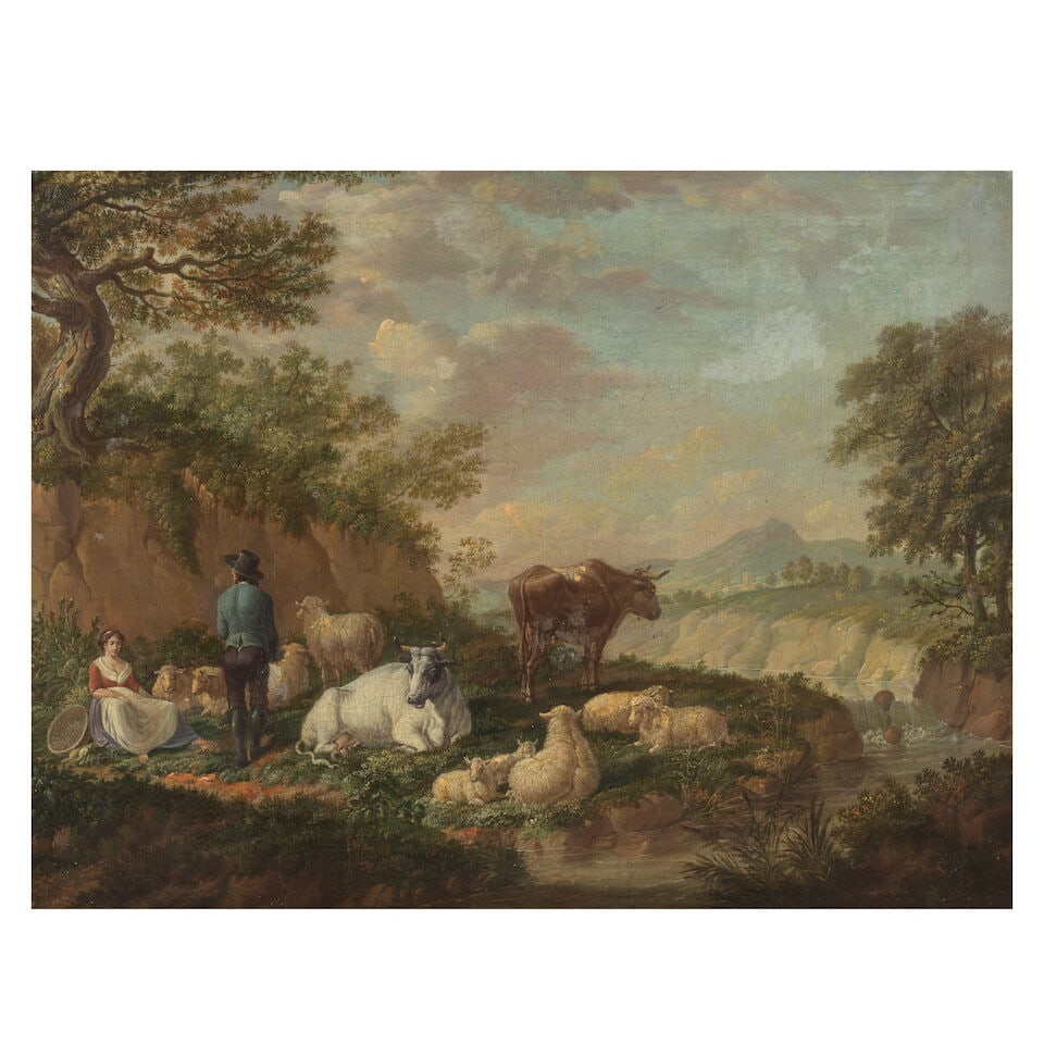 Jacob Philipp Hackert (Prenzlau 1737-1807 Florence) Figures and cattle resting before a river la...: Jacob Philipp Hackert (Prenzlau 1737-1807 Florence) Figures and cattle resting before a river landscape oil on canvas 41.7 x 55.5cm (16 7/16 x 21 7/8in). Footnotes: Provenance In the present owner's