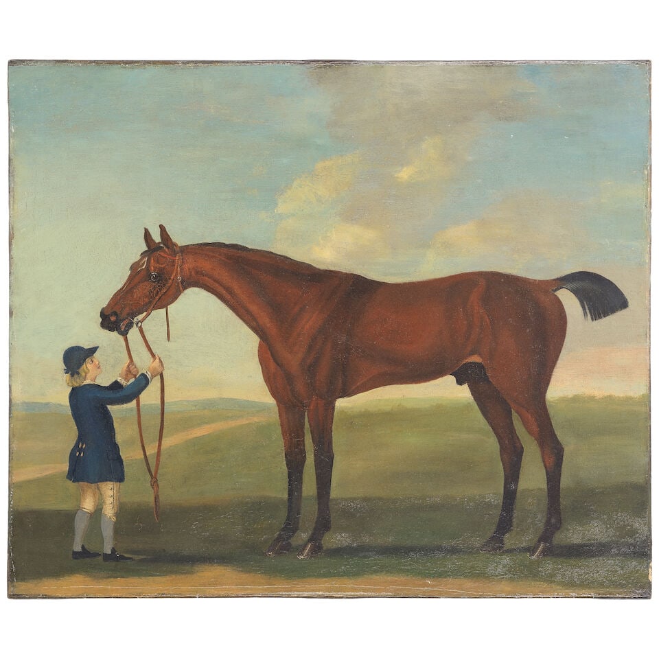 James Seymour (London 1702-1752) 'Old Cartouche' - the racehorse and groom on a heath (at Newmar...: Follower of James Seymour (London 1702-1752) A bay horse, said to be 'Old Cartouche', held by a groom oil on canvas 63.5 x 76.1cm (25 x 29 15/16in). unframed Footnotes: Provenance The Collection of Si