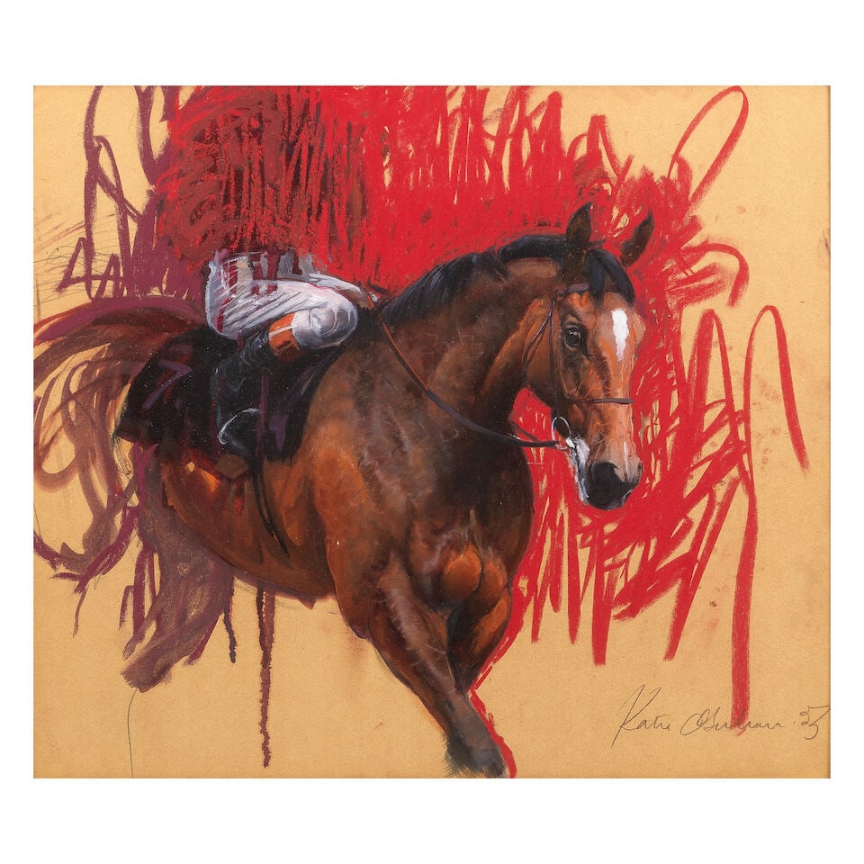 Katie O'Sullivan (Irish, born 1959) Study of a horse and jockey: Katie O'Sullivan (Irish, born 1959) Study of a horse and jockey signed and dated 'Katie O'Sullivan/03' (lower right) oil on board 39 x 44cm (15 3/8 x 17 5/16in). For further information on this lot pl