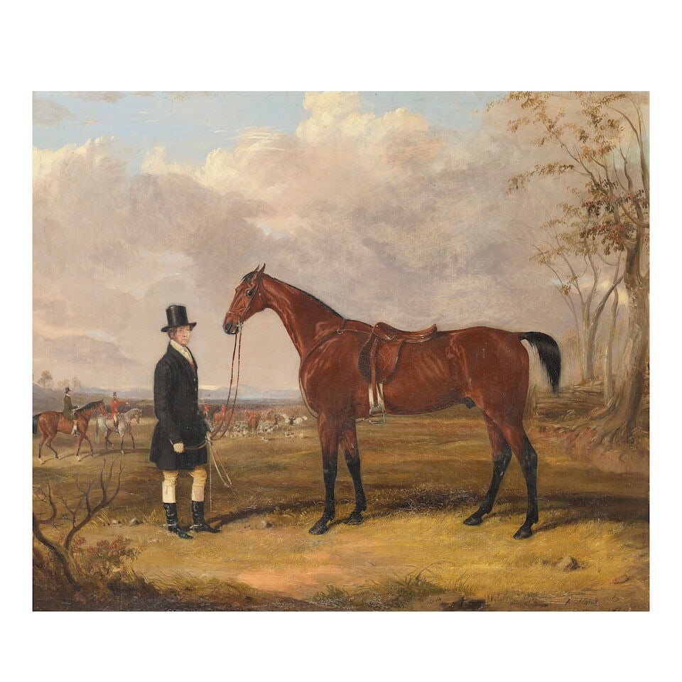 Thomas Walker Bretland (British, 1802-1874) Portrait of a bay horse with a huntsman, huntsmen an...: Thomas Walker Bretland (British, 1802-1874) Portrait of a bay horse with a huntsman, huntsmen and hounds beyond signed, inscribed and dated 'Bretland/Nottm 1846' (lower right), also dated '1846' (lowe