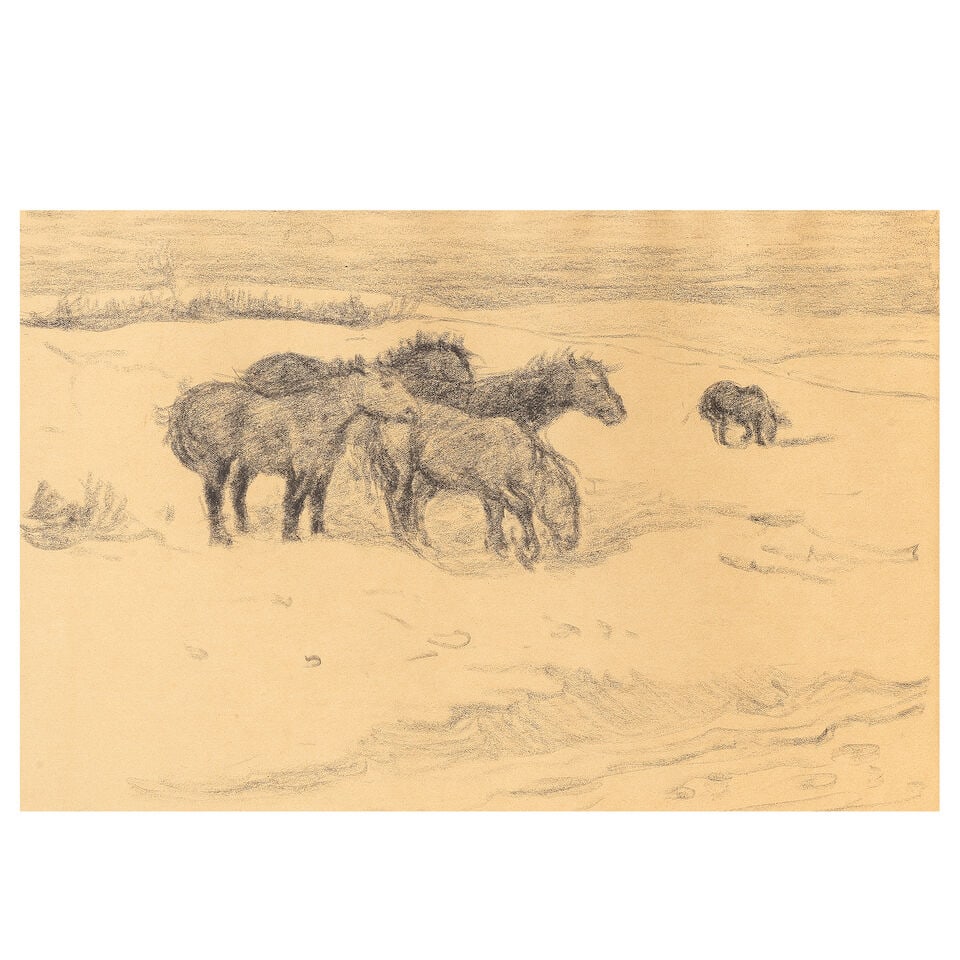 Robert Polhill Bevan (British, 1865-1925) Exmoor ponies in the snow: Robert Polhill Bevan (British, 1865-1925) Exmoor ponies in the snow charcoal 23 x 34.5cm (9 1/16 x 13 9/16in). For further information on this lot please visit Bonhams.com For further