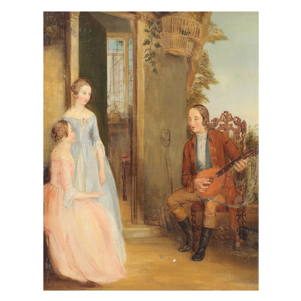 British School, early 19th Century The love song: British School, early 19th Century The love song oil on board 52 x 44cm (20 1/2 x 17 5/16in). For further information on this lot please visit Bonhams.com For further information about this lot