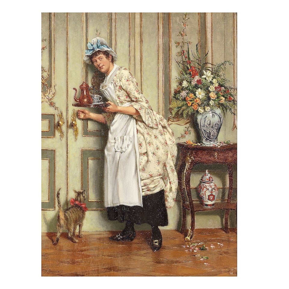 Stephen Samuel Lewin (British, 1848-1909) Tea time: Stephen Samuel Lewin (British, 1848-1909) Tea time signed and dated 'SLewin 89' (lower left) oil on panel 32 x 24.5cm (12 5/8 x 9 5/8in). For further information on this lot please visit