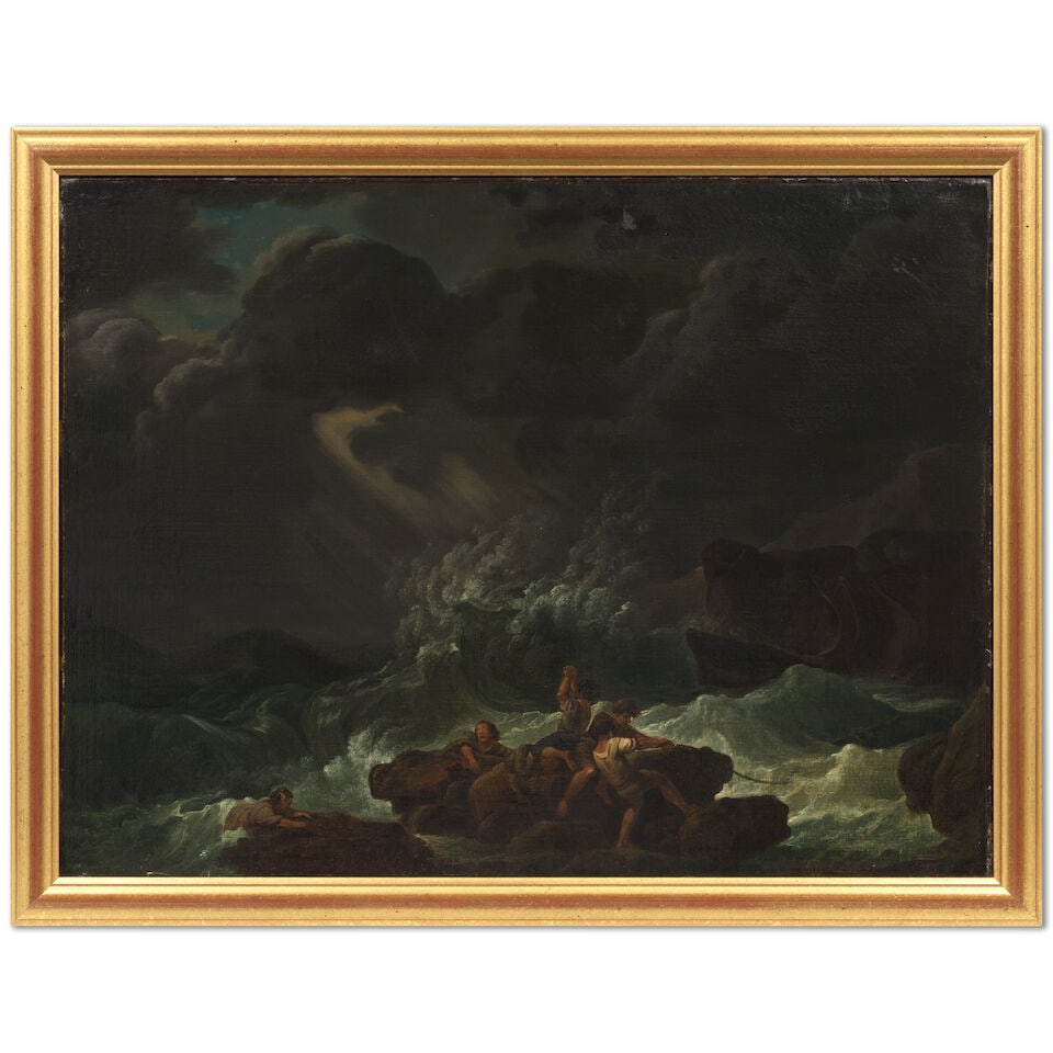 After Philip James de Loutherbourg R.A., 19th Century A shipwreck in stormy seas with figures on... - 2