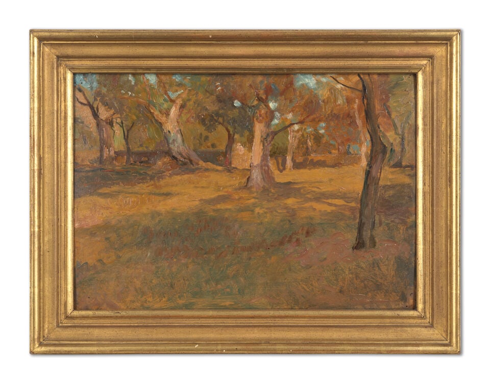 Sir William Blake Richmond, RA (British, 1842-1921) Tree trunks at sunset - 2