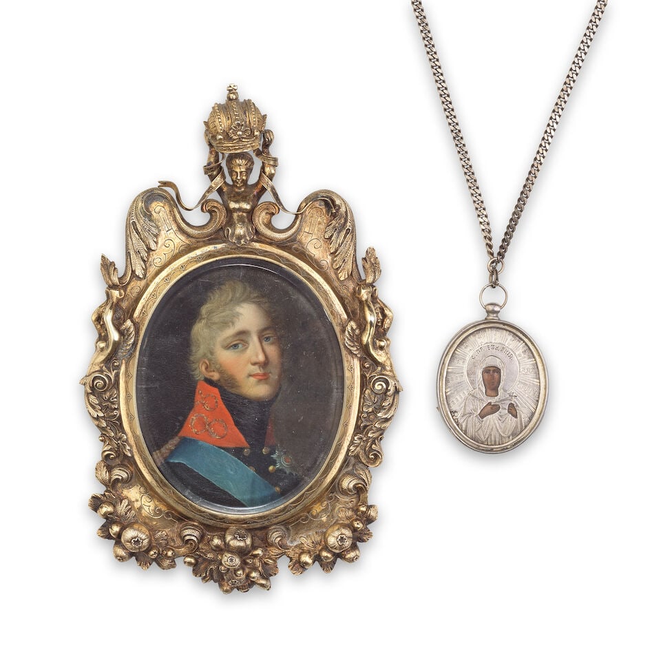 Russian school, early 19th century: Portrait miniature of Alexander I After the original portrai...: Russian school, early 19th century: Portrait miniature of Alexander I After the original portrait by Johann Dominik Bossi also known as Domenico Bossi (Austro-Italian, 1767-1853) Painted on papier mac