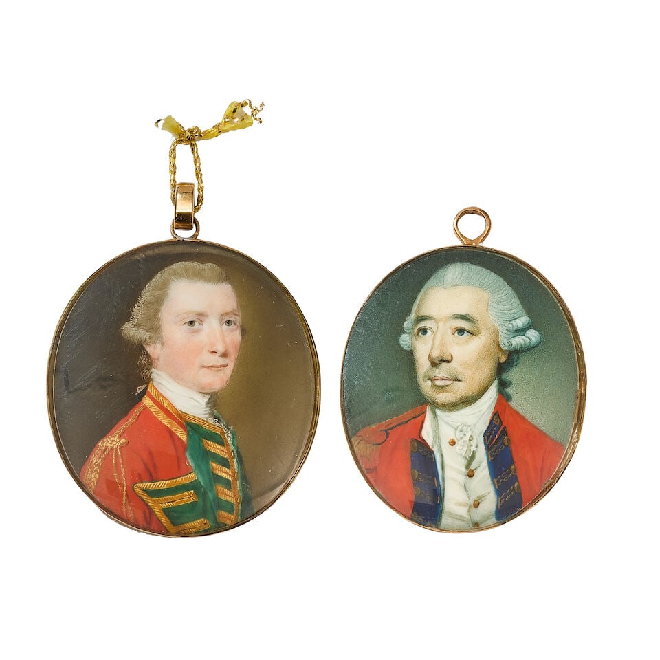 Attributed to John Smart I (English, 1741-1811): Portrait miniature of a gentleman in military d...: Attributed to John Smart I (English, 1741-1811): Portrait miniature of a gentleman in military dress, together with a similar period portrait miniature of a gentleman The second probably attributable