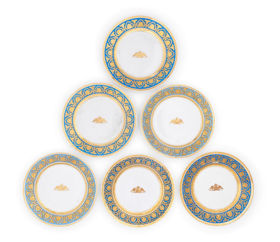 Six porcelain dinner plates from the Ropsha ServiceImperial Porcelain Factory, St. Petersburg, p...: Six porcelain dinner plates from the Ropsha Service Imperial Porcelain Factory, St. Petersburg, periods of Alexander II (1855-1881) and Nicholas II (1894-1917) circular with central gilt double-headed