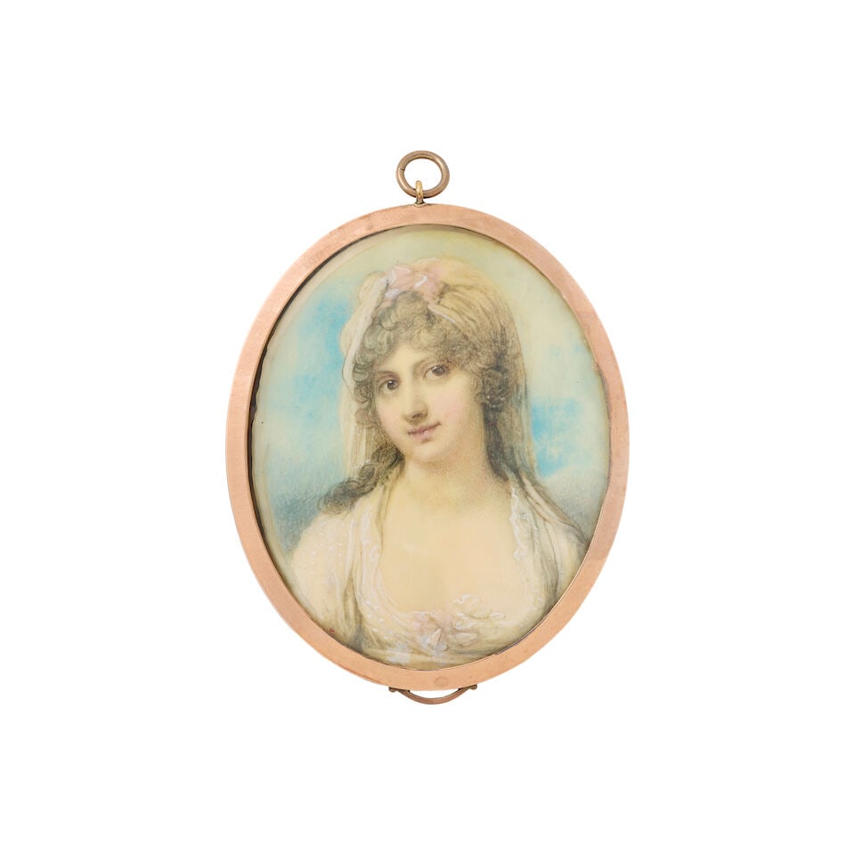 Attributed to Richard Cosway (English, 1742-1821): Portrait miniature of lady called Harriet, La...: Attributed to Richard Cosway (English, 1742-1821): Portrait miniature of lady called Harriet, Lady Castert The sitter in a white dress with powdered hair before a cloudy sky, bearing signature to the