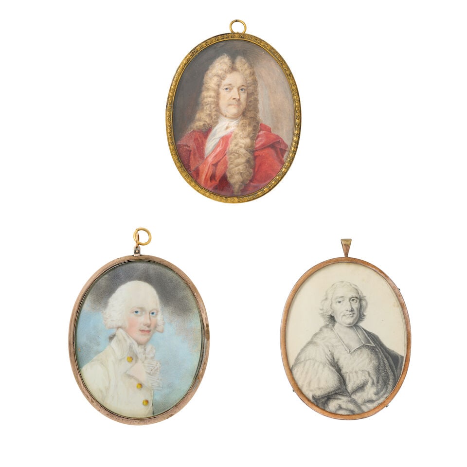 Christian Richter (Anglo-Swedish, 1678-1732):Portrait of a gentleman in long wig together with t...: Christian Richter (Anglo-Swedish, 1678-1732): Portrait of a gentleman in long wig together with two other 18th century portraits of gentleman, one perhaps of Cardinal de Fleury or M.J.B Boasett, Bisho
