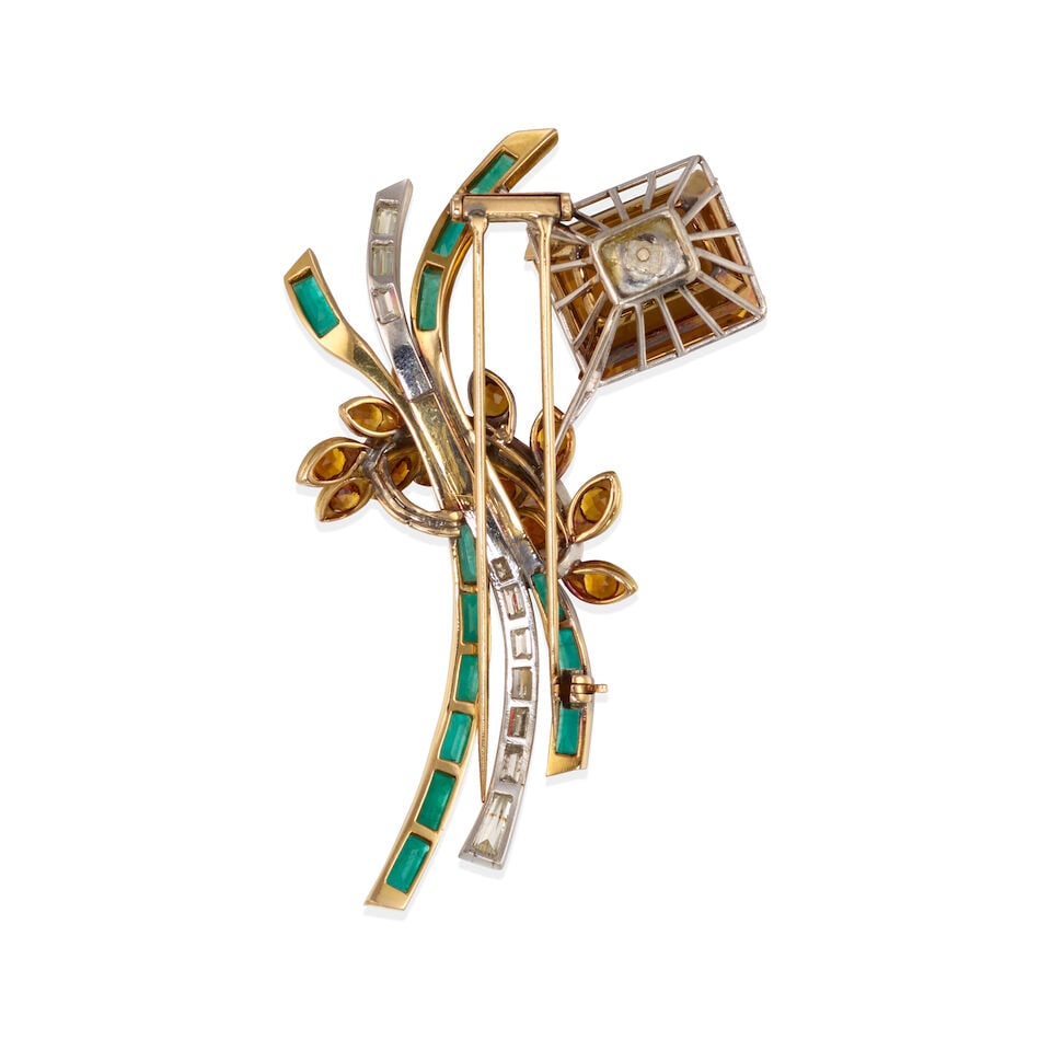 14K BICOLOR GOLD, DIAMOND, CITRINE AND EMERALD BROOCH - 2
