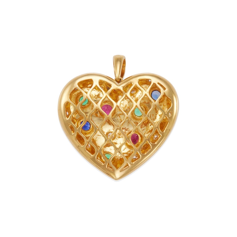 18K GOLD, DIAMOND, AND MULTI-GEM HEART SHAPE PENDANT - 2