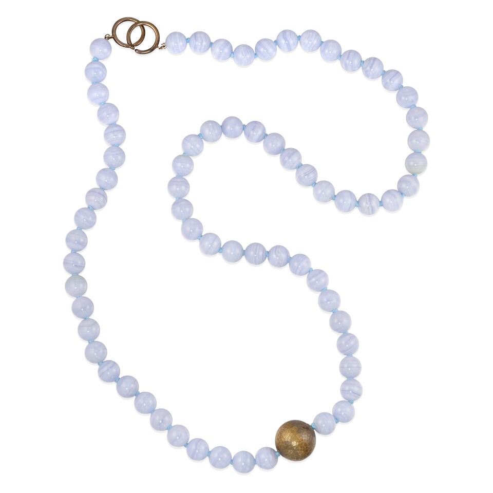 PALOMA PICASSO FOR TIFFANY & CO.: STERLING SILVER AND BLUE LACE AGATE NECKLACE: PALOMA PICASSO FOR TIFFANY & CO.: STERLING SILVER AND BLUE LACE AGATE NECKLACE • Sterling silver • Numerous round blue lace agate beads 10.36 - 10.38 mm • Signed Paloma Picasso and T