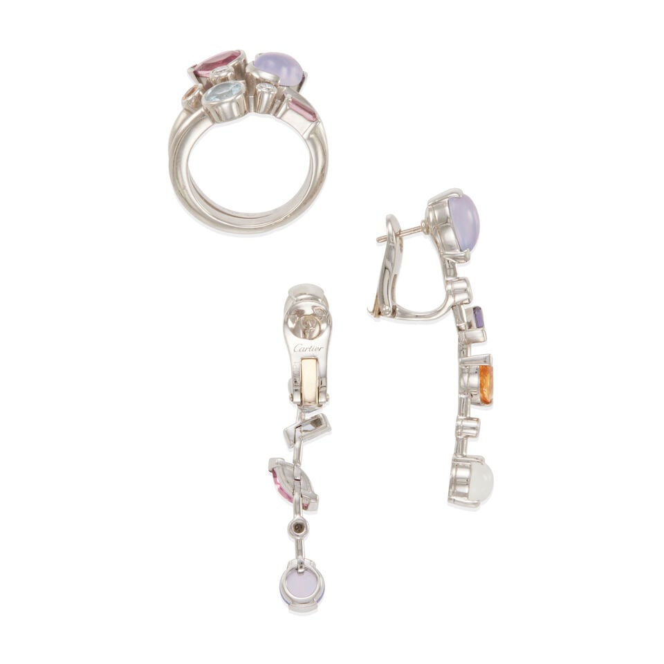 CARTIER: PLATINUM MULTI-GEM AND DIAMOND MELI-MELO RING AND EARRINGS - 2