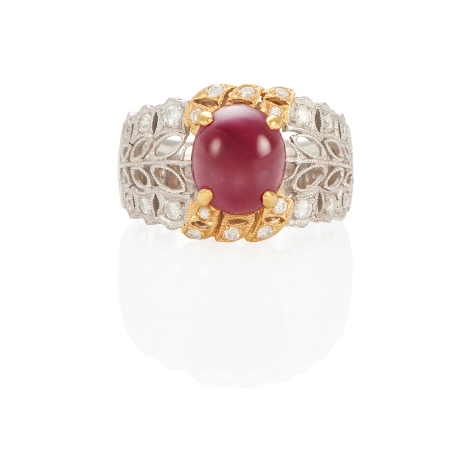 18K BICOLOR GOLD, SYNTHETIC RUBY AND DIAMOND RING (1 of 2)