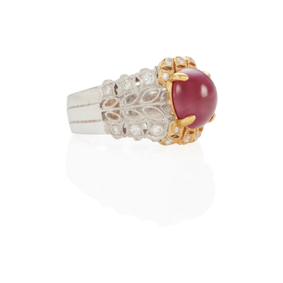 18K BICOLOR GOLD, SYNTHETIC RUBY AND DIAMOND RING - 2