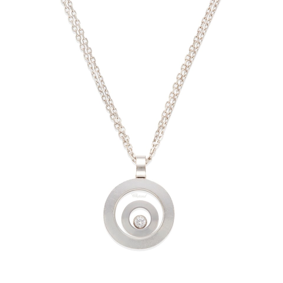 CHOPARD: 18K WHITE GOLD AND DIAMOND 'HAPPY SPIRIT' PENDANT NECKLACE: CHOPARD: 18K WHITE GOLD AND DIAMOND 'HAPPY SPIRIT' PENDANT NECKLACE • 18k white gold • 1 round diamond weighing approximately 0.05 carats total • Signed 'Chopard' and 'Happy