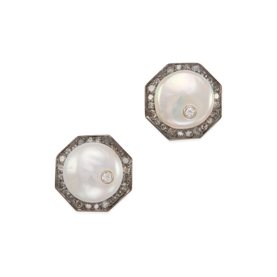PAIR OF 18K GOLD, CULTURED PEARL AND DIAMOND CUFFLINKS: PAIR OF 18K GOLD, CULTURED PEARL AND DIAMOND CUFFLINKS • 18k oxidized black gold • 2 round coin shape cultured pearls measuring 13.30 mm each in diameter • Numerous round diamonds