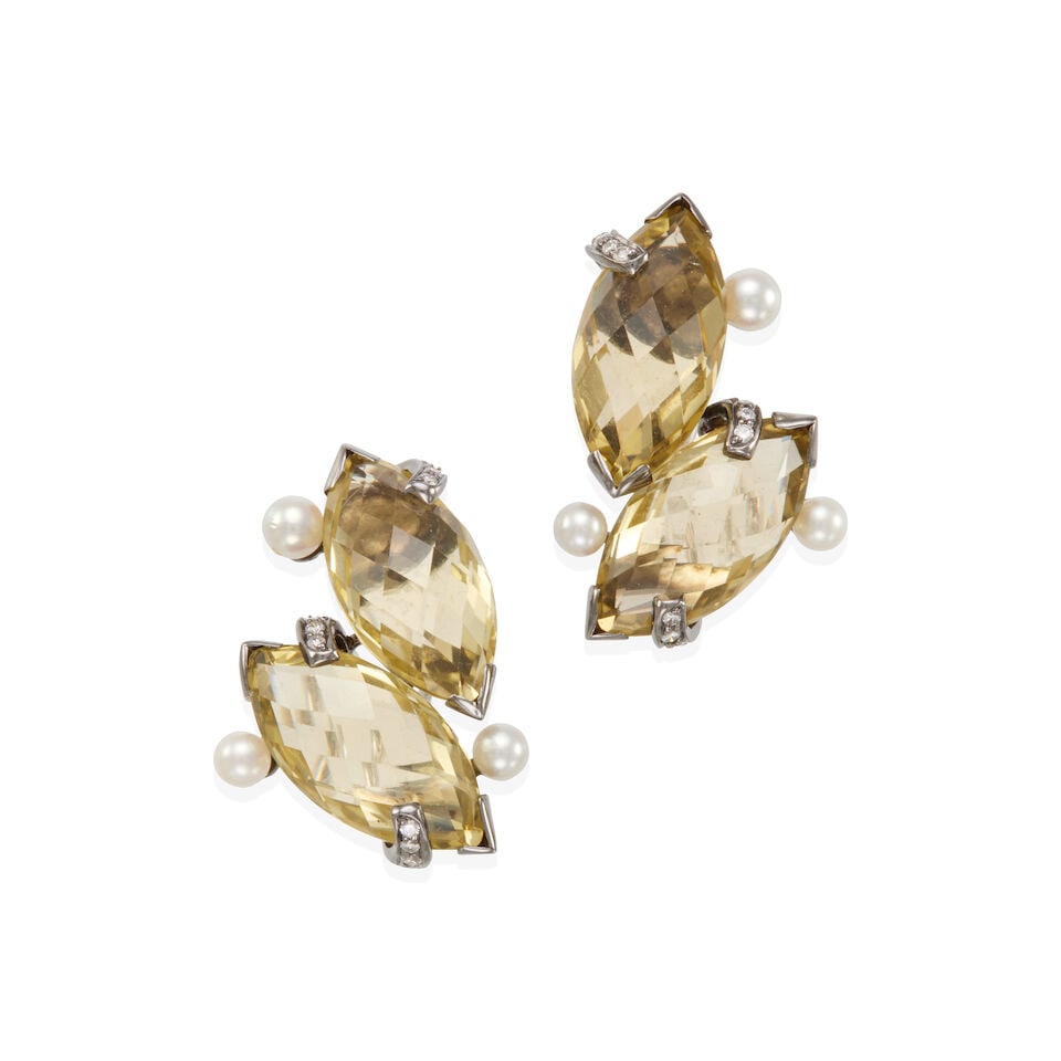 PAIR OF 18K GOLD, PRASIOLITE AND CULTURED PEARL EARRINGS: PAIR OF 18K GOLD, PRASIOLITE AND CULTURED PEARL EARRINGS • 18k rhodium plated gold • 18 round diamonds weighing approximately o.15 - 0.25 carat total • 4 marquise Prasiolites