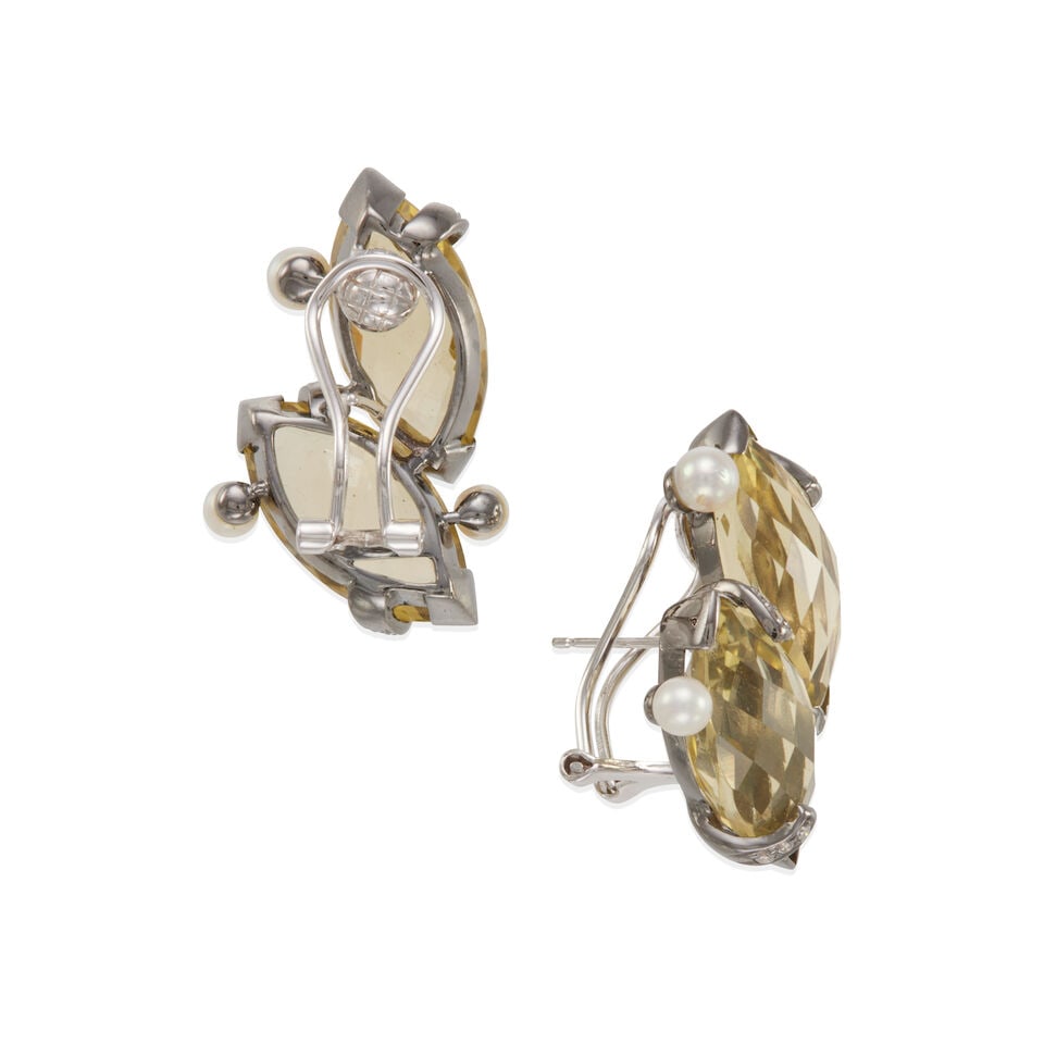 PAIR OF 18K GOLD, PRASIOLITE AND CULTURED PEARL EARRINGS - 2