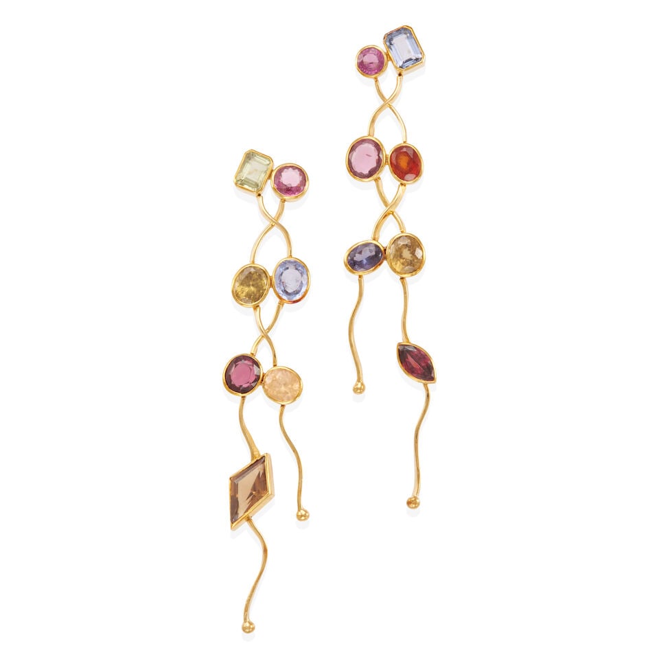 18K GOLD AND MULTI-GEM EAR PENDANTS: 18K GOLD AND MULTI-GEM EAR PENDANTS • 18k yellow gold • Set with 14 stones consisting of 4 tourmalines 2 spinels 5 zircons, 1 ruby, 1 garnet, and 1 sapphire • Length: 3 ¾