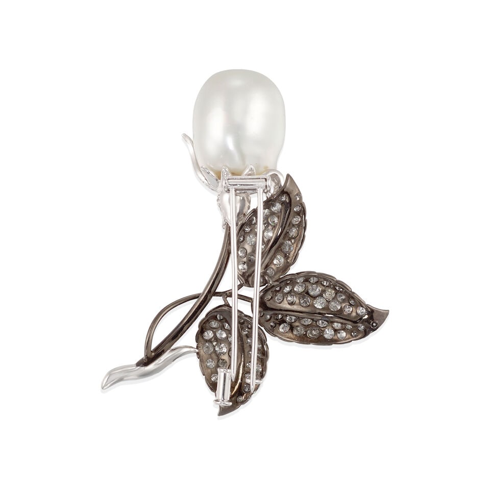 14K GOLD, DIAMOND, AND CULTURED PEARL BROOCH - 2