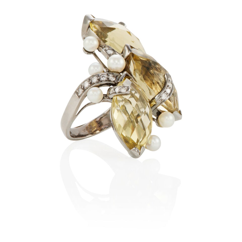18K GOLD, CITRINE, CULTURED PEARL, AND DIAMOND RING - 2