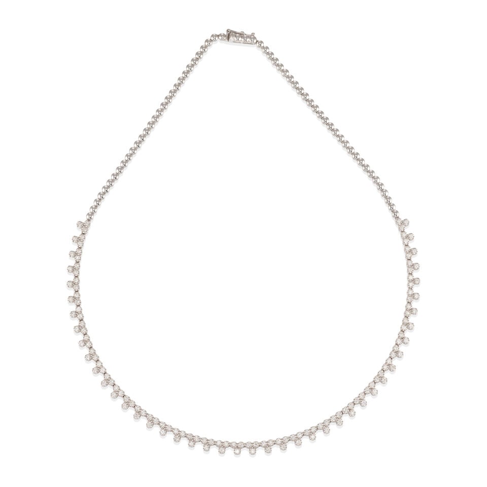 14K WHITE GOLD AND DIAMOND NECKLACE: 14K WHITE GOLD AND DIAMOND NECKLACE • 14k white gold • Numerous round diamonds weighing approximately 1.30 - 1.35 carats total • Length: 16 ½ in • Estimated gross weight: